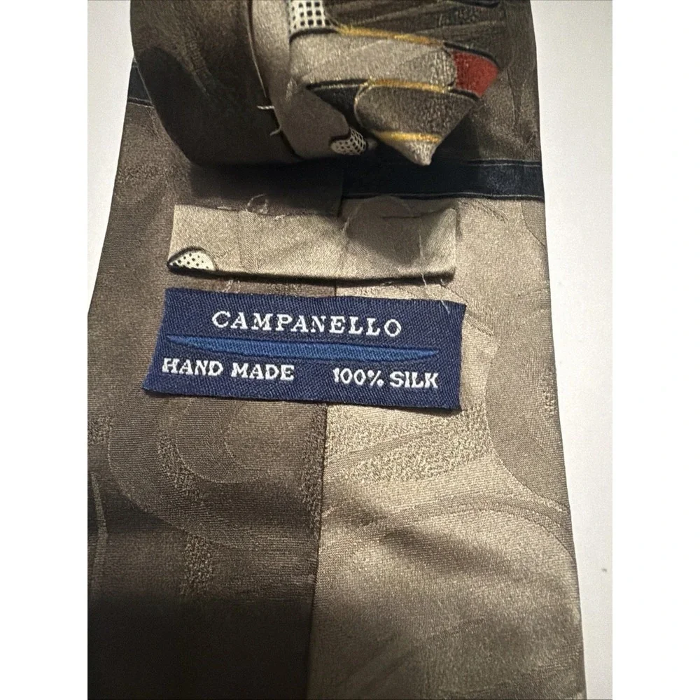 Campanello Silk Tie Mens Taupe Olive Green Geometric Pattern Hand Made Korea